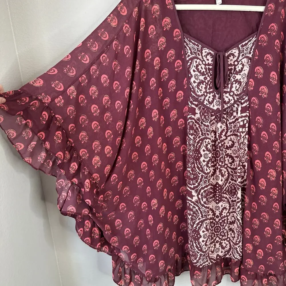 FREE PEOPLE Marla Dreams Dress Wine Red Boho Paisley Pop Flowy Fall Size XS